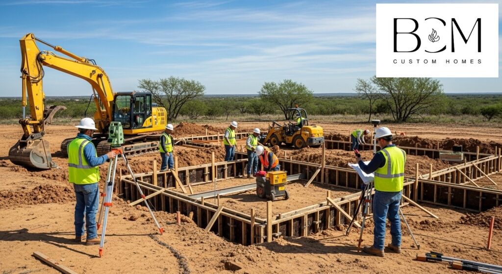 Professional construction workers preparing a home foundation site
