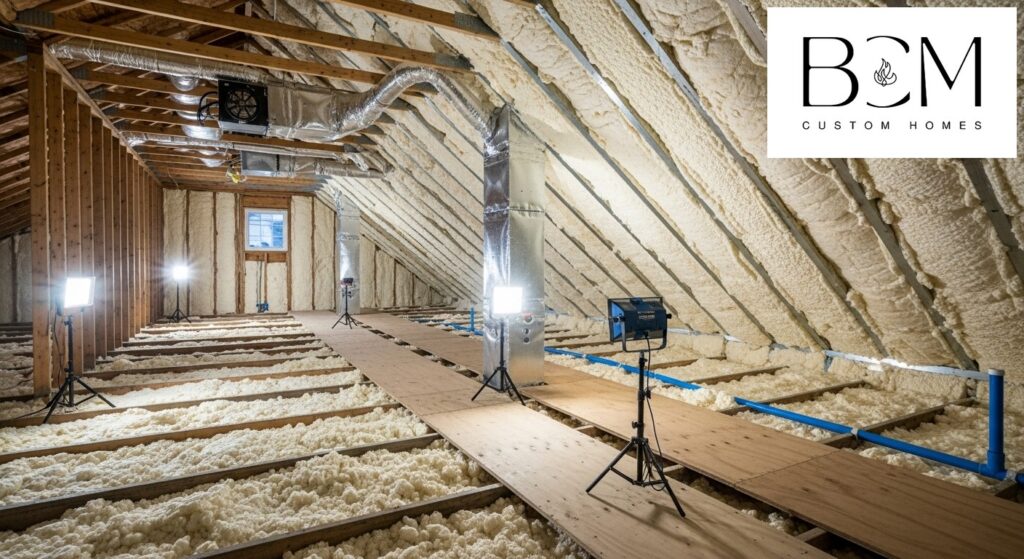 Construction workers installing high-quality insulation in custom home