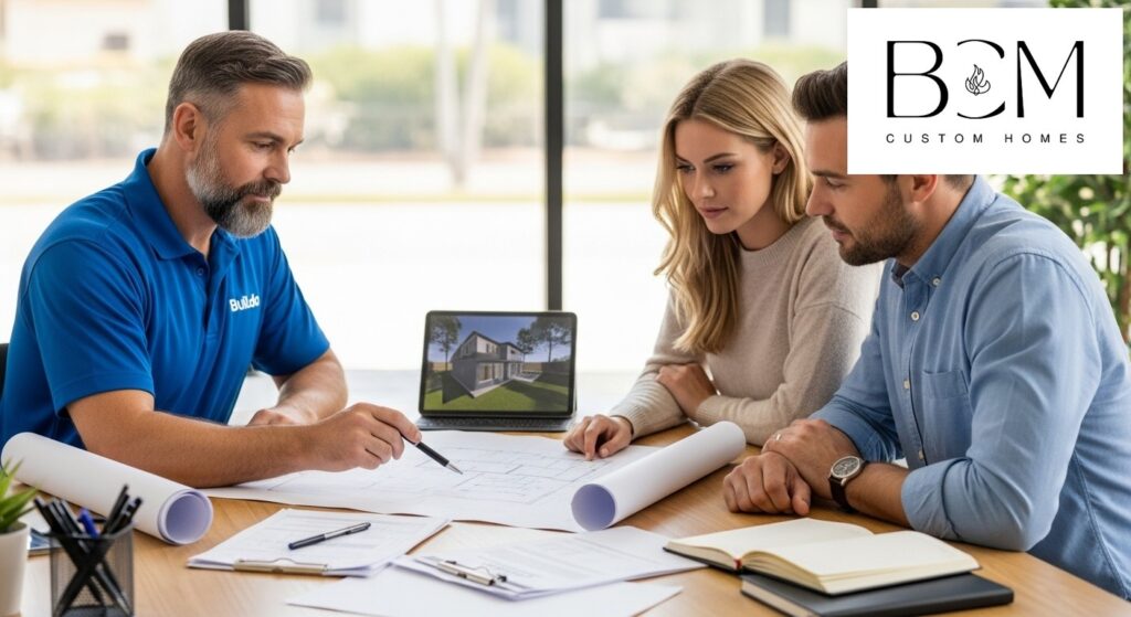 Professional builder and homeowners reviewing architectural plans