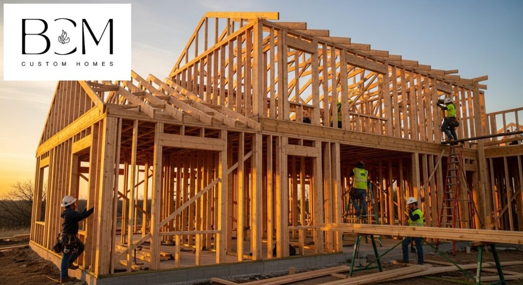 Custom home wooden frame structure under construction