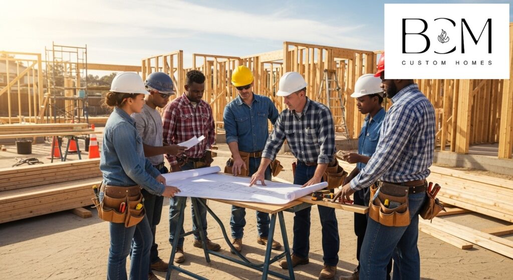 Professional custom home builder meeting with skilled craftsmen