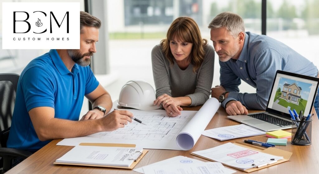 Professional builder and homeowners reviewing architectural plans