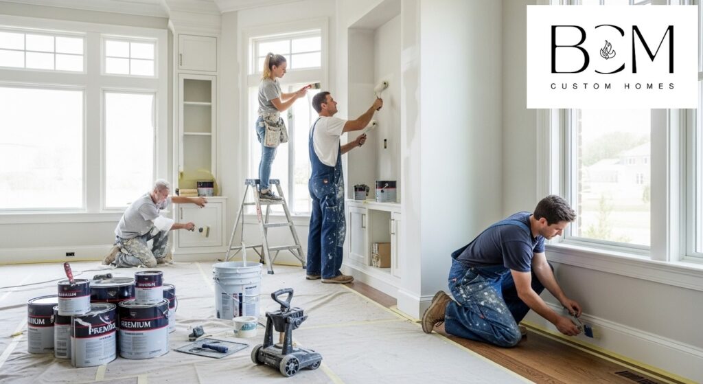 Professional painters applying final paint coats in a custom home