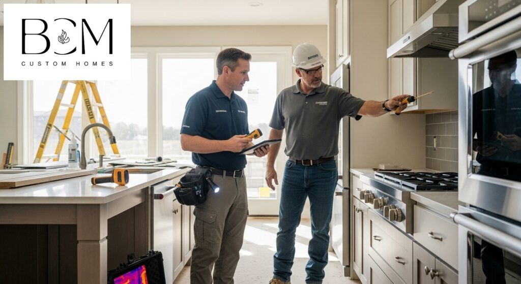 Professional home inspector and custom builder conducting detailed final walkthrough