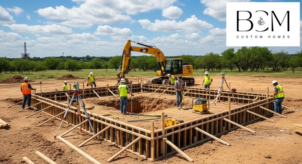 Professional construction workers preparing a home foundation site