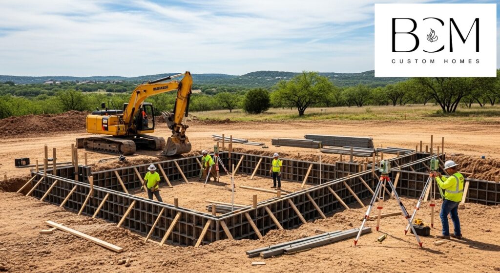 Professional construction workers preparing a home foundation site