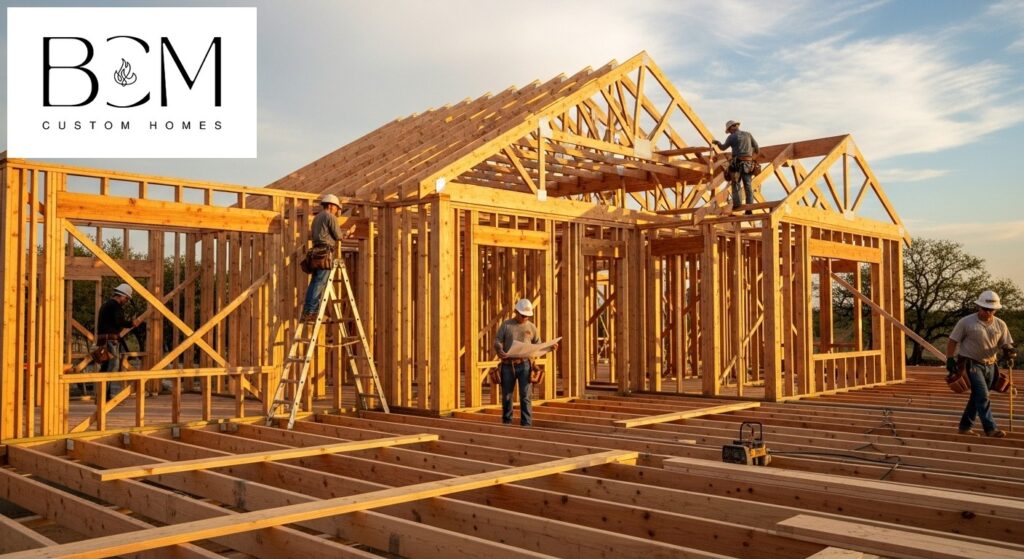 Custom home wooden frame structure under construction