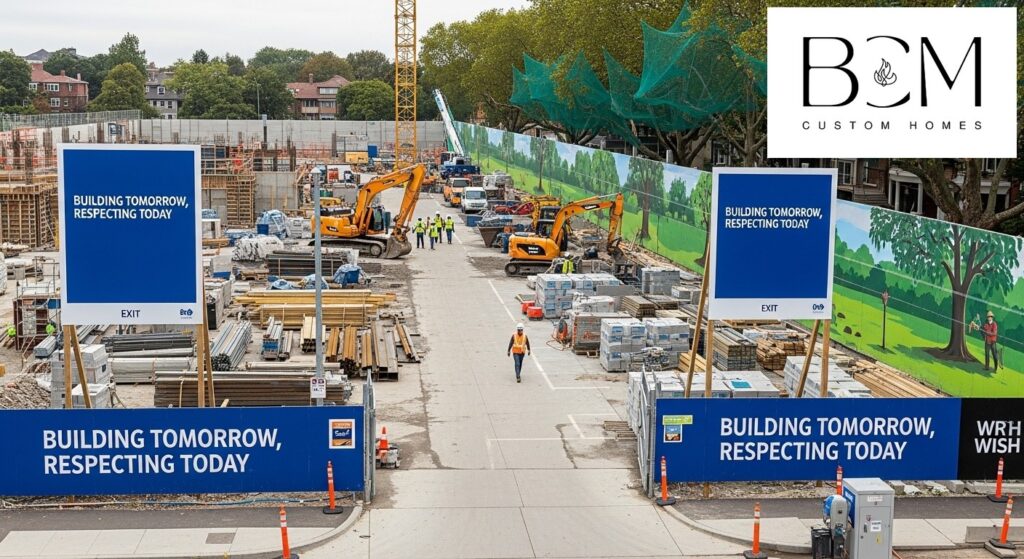 Well-organized construction site with professional signage