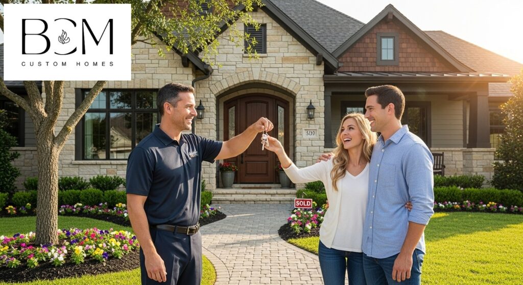 Happy custom home builder handing keys to excited new homeowners