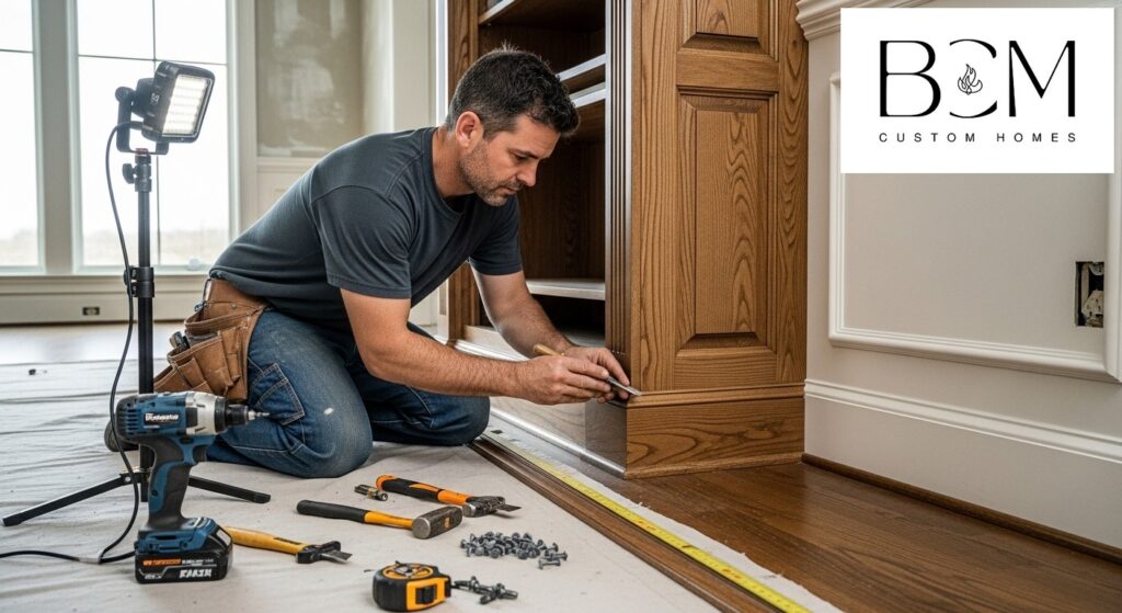 Master craftsman applying final finishes and detail work in a custom home interior
