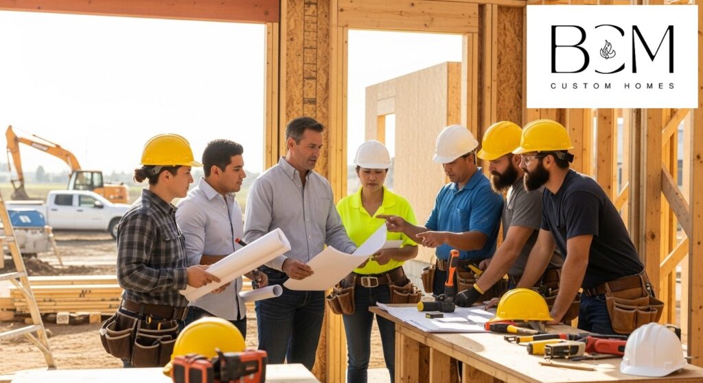 Professional custom home builder meeting with skilled craftsmen