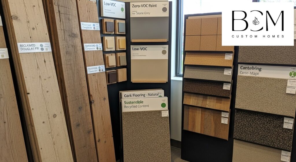 Eco-friendly building materials including reclaimed wood, low-VOC finishes