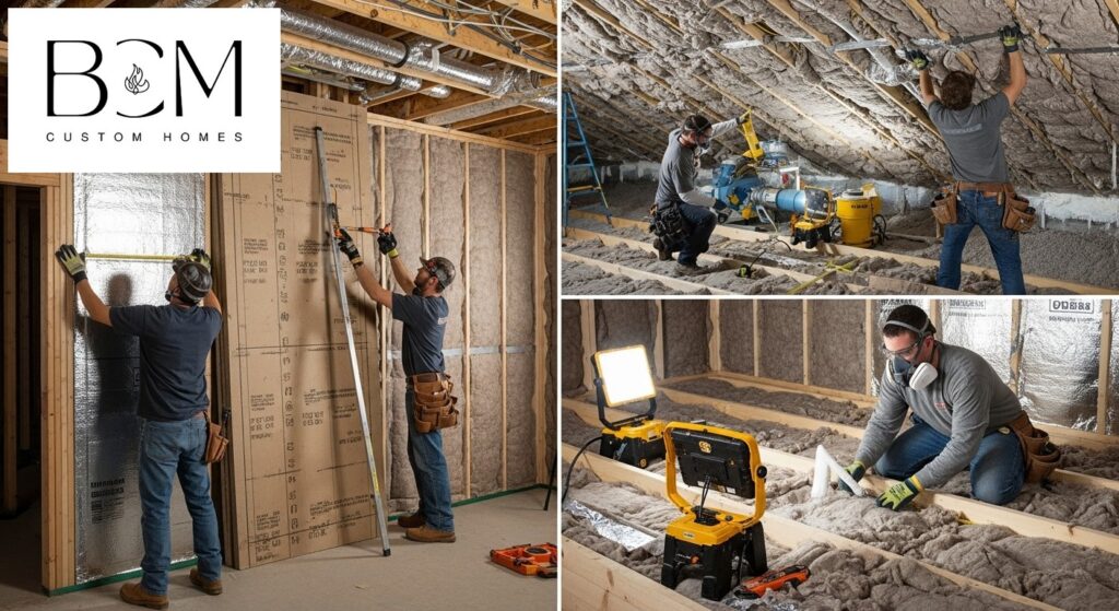 Construction workers installing high-quality insulation in custom home