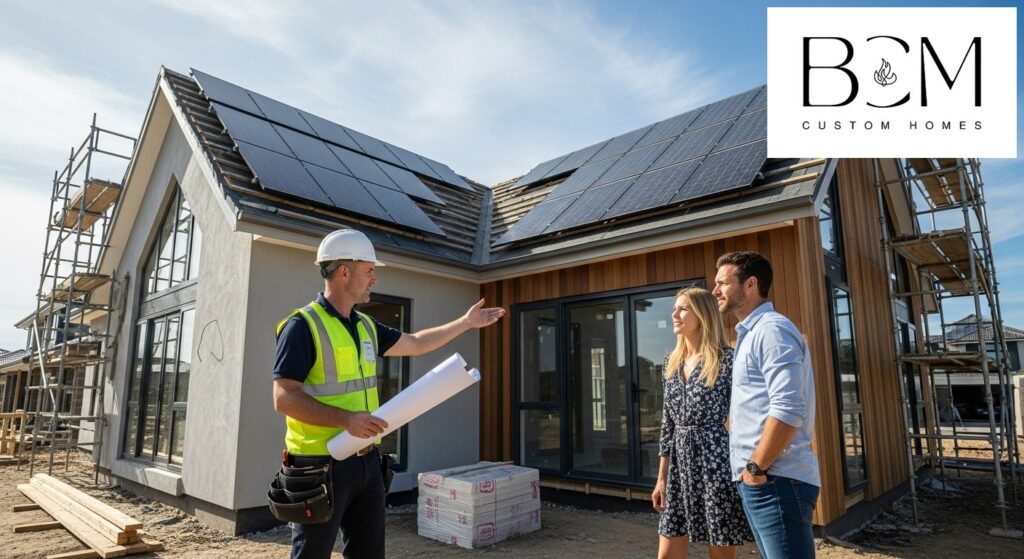 ustom home under construction showing solar-ready electrical infrastructure and roof design considerations