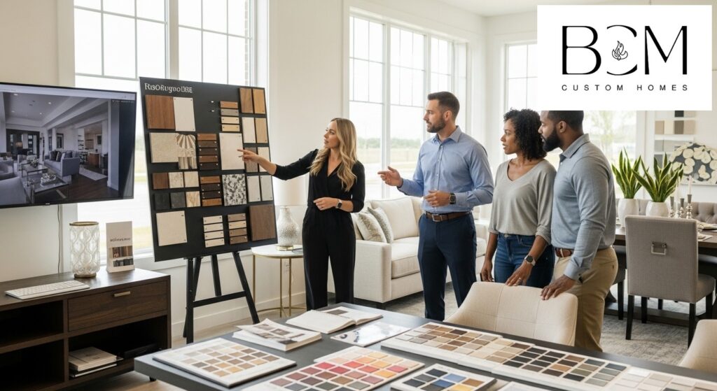 Professional interior designer and custom home builder meeting with homeowners