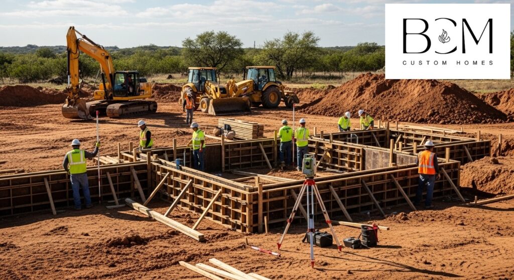 Professional construction workers preparing a home foundation site