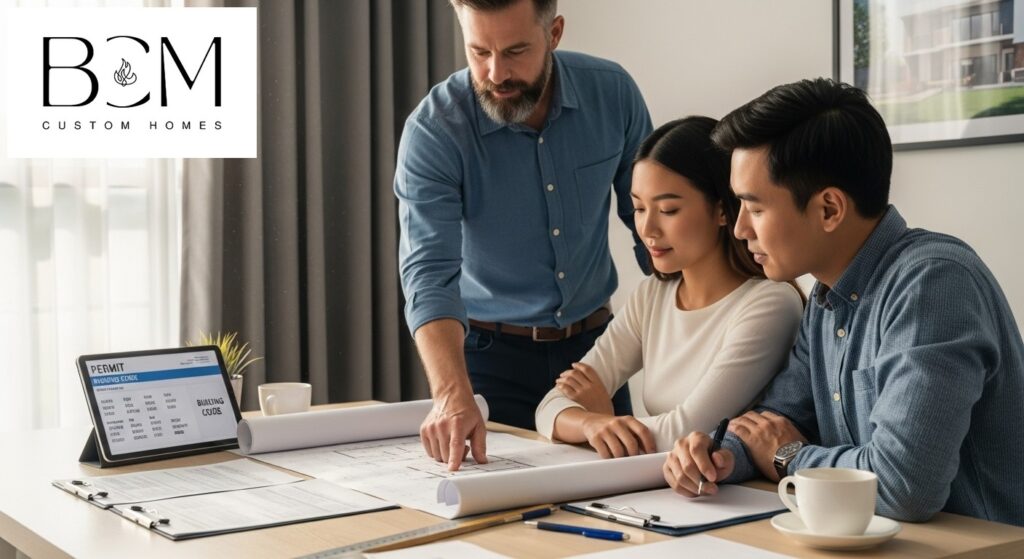 Professional builder and homeowners reviewing architectural plans