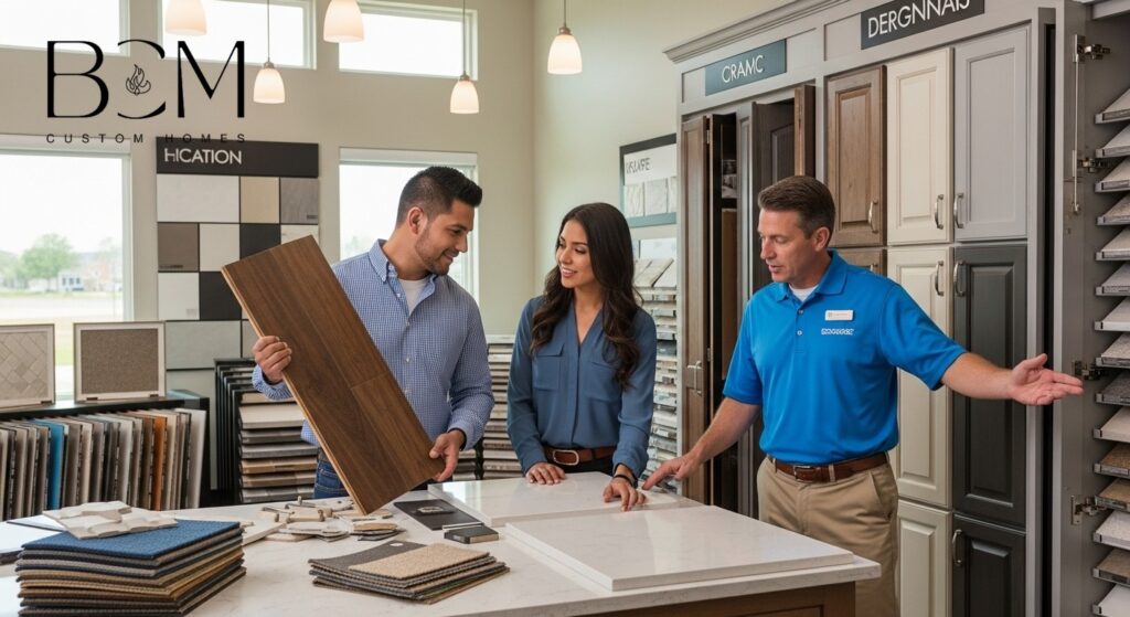 Homeowners examining high-quality building materials