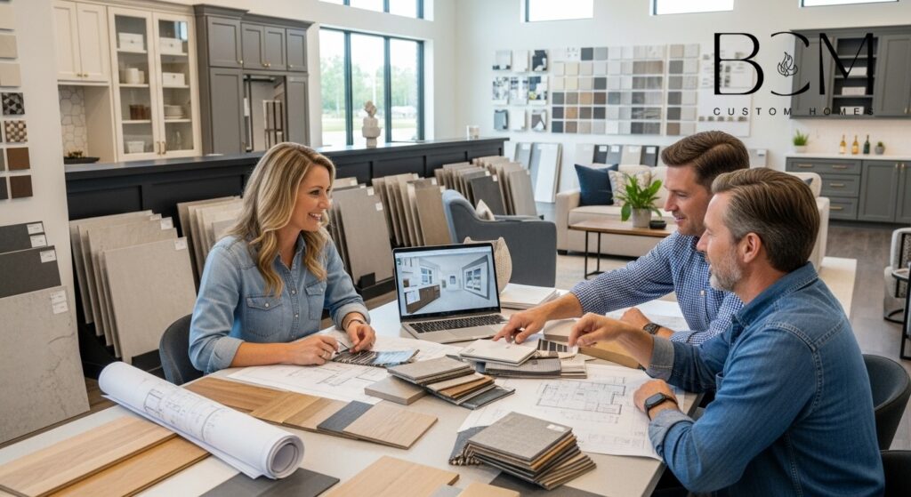 Professional interior designer and custom home builder meeting with homeowners