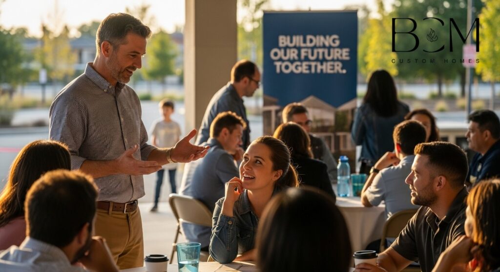 Custom home builder meeting with local community members at a neighborhood