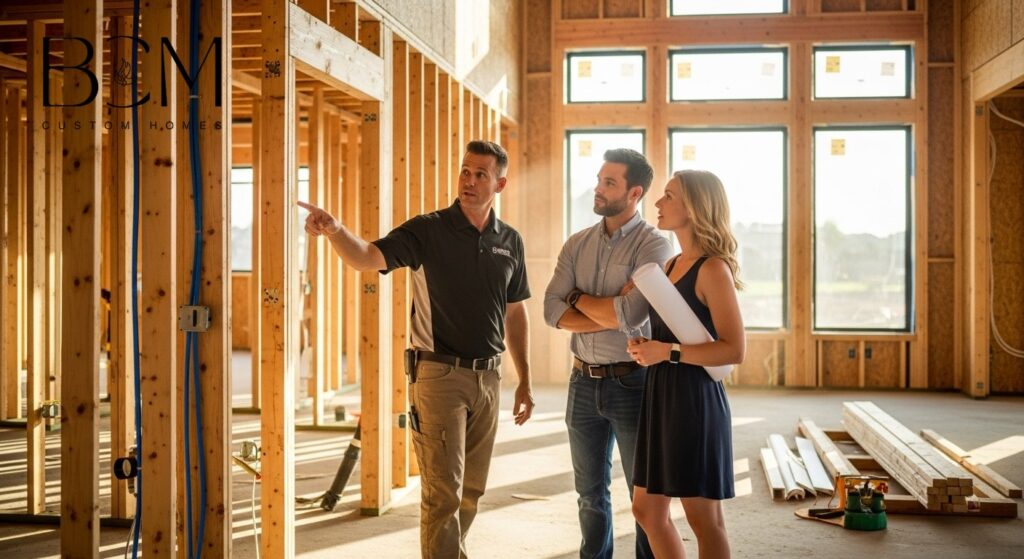 Custom home builder conducting detailed walkthrough with homeowners