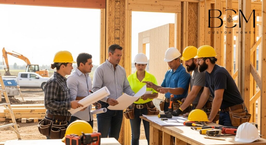 Professional custom home builder meeting with skilled craftsmen