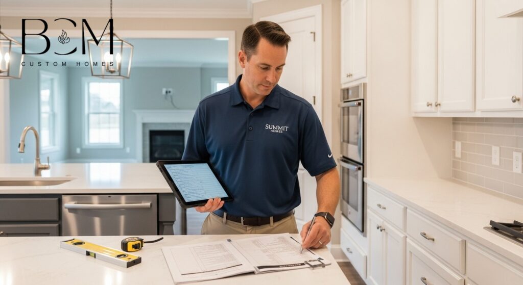 Custom home builder conducting comprehensive final quality inspection