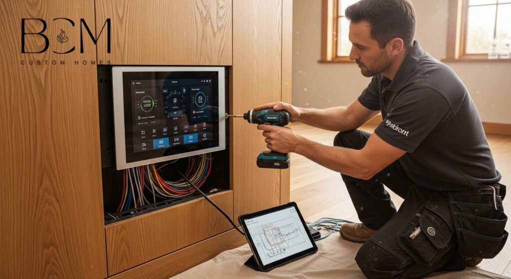 Modern smart home control panel and energy monitoring systems being installed in a custom home