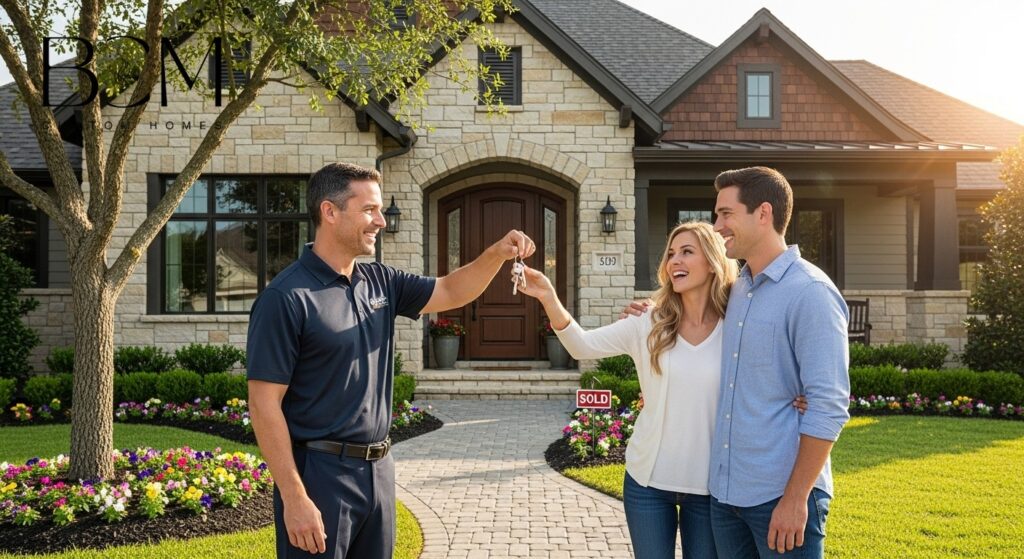Happy custom home builder handing keys to excited new homeowners