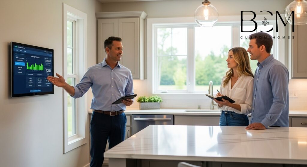 Custom home builder explaining energy monitoring systems and maintenance schedules