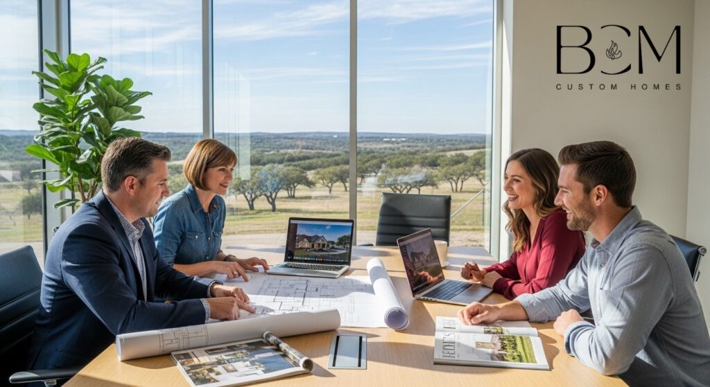 Professional custom home builder and architect meeting with excited homeowners around a large table