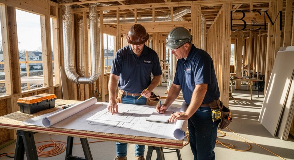 Custom home builder and HVAC contractor reviewing system specifications and ductwork plans