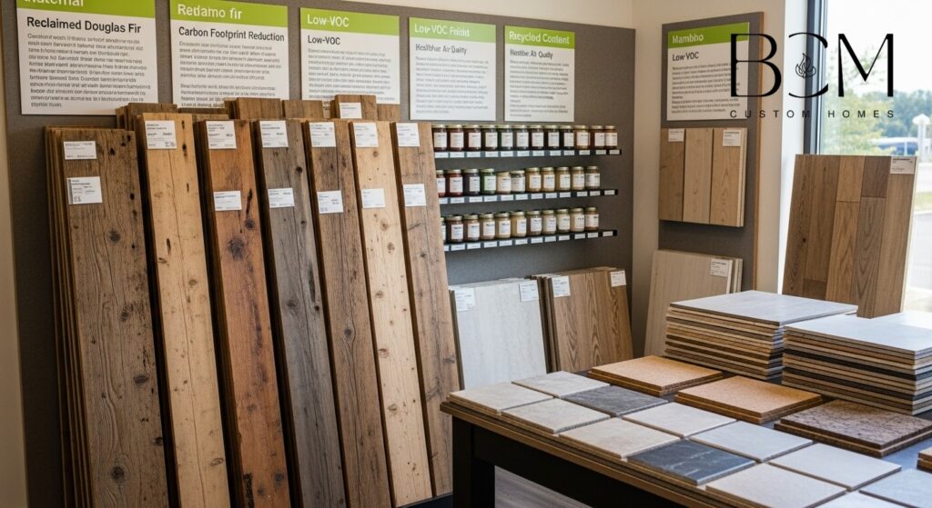 Eco-friendly building materials including reclaimed wood, low-VOC finishes
