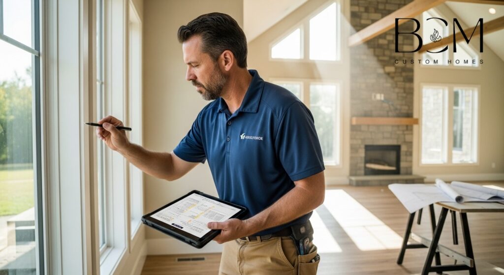 Custom home builder conducting comprehensive final quality inspection