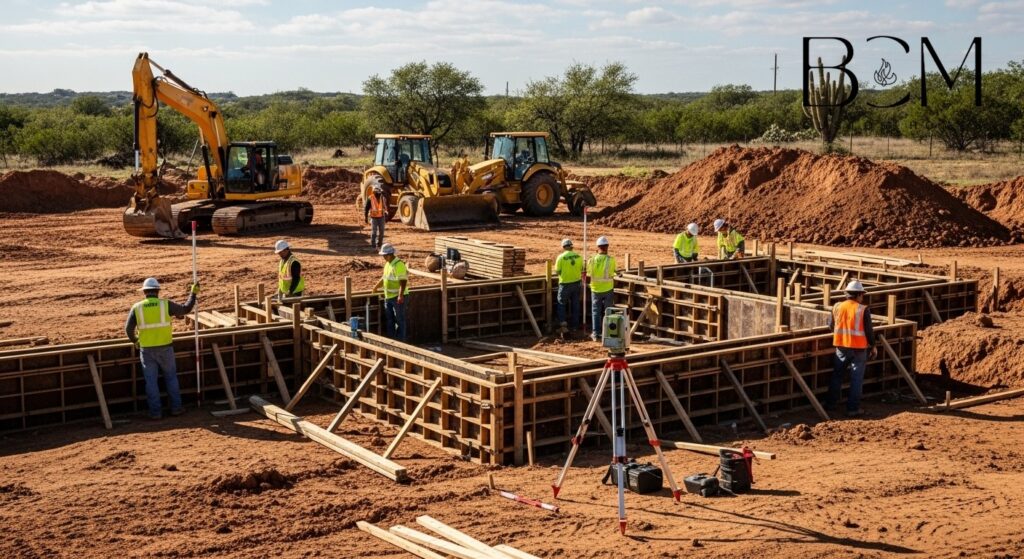 Professional construction workers preparing a home foundation site