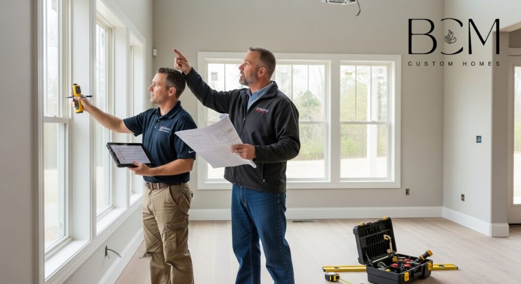 Professional home inspector and custom builder conducting detailed final walkthrough