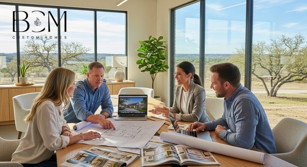 Professional custom home builder and architect meeting with excited homeowners around a large table