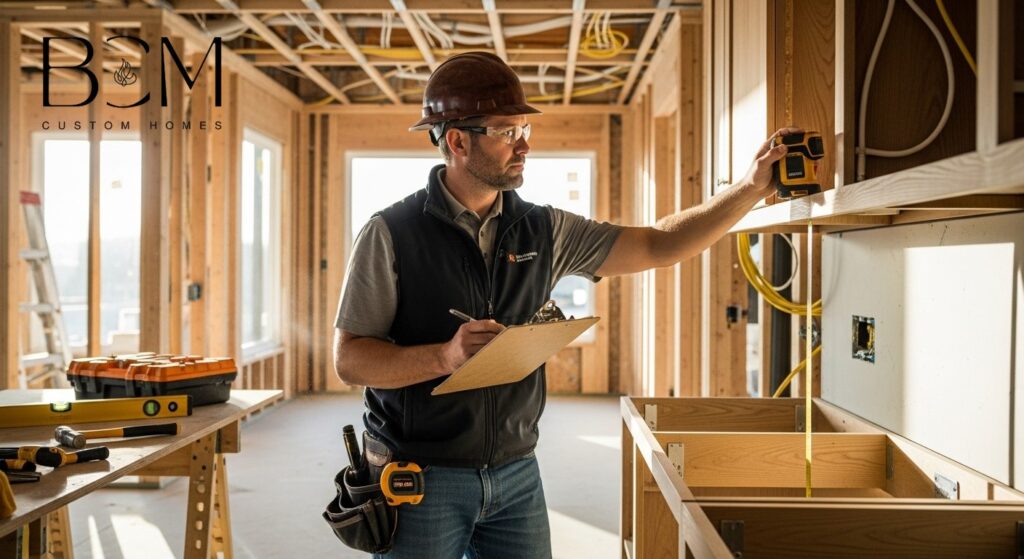 Professional custom home builder conducting detailed quality inspection