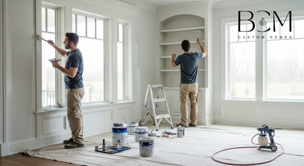 Professional painters applying final paint coats in a custom home