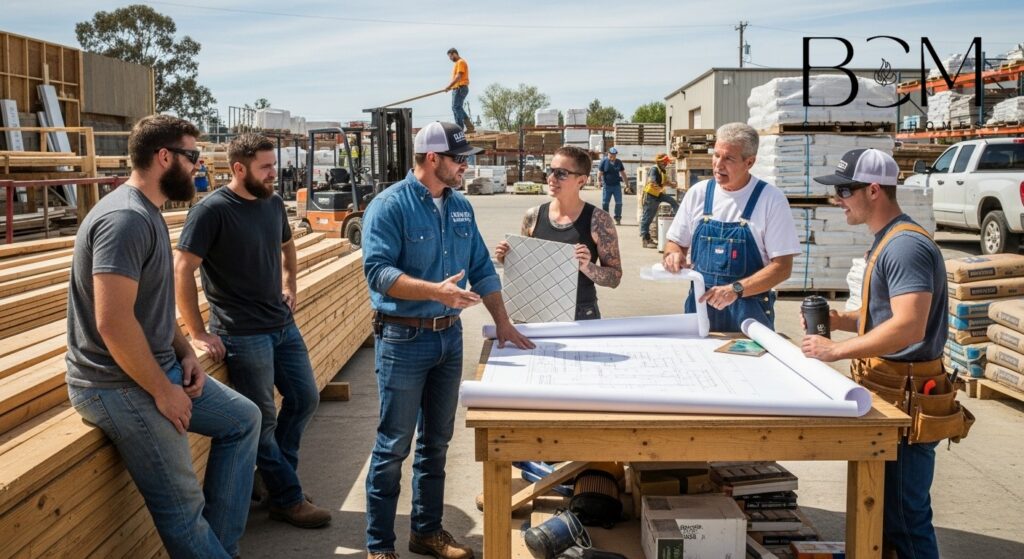 Custom home builder meeting with local suppliers and skilled craftsmen