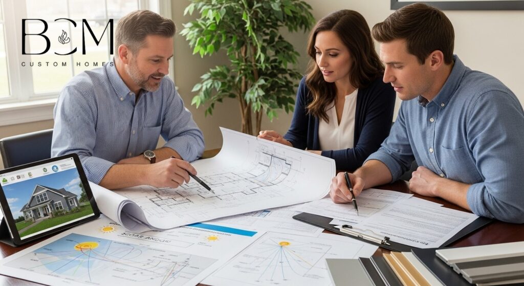 Custom home builder and homeowners reviewing energy-efficient design plans