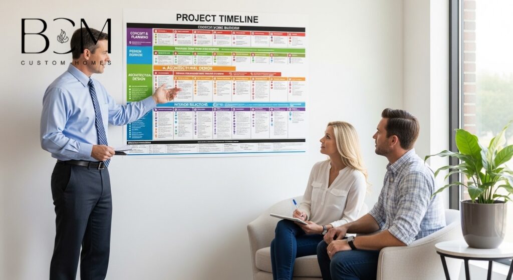 Professional project timeline chart on a wall with a custom home builder