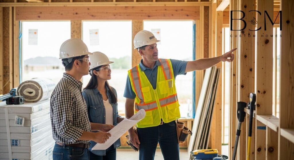 Custom home builder conducting detailed walkthrough with homeowners