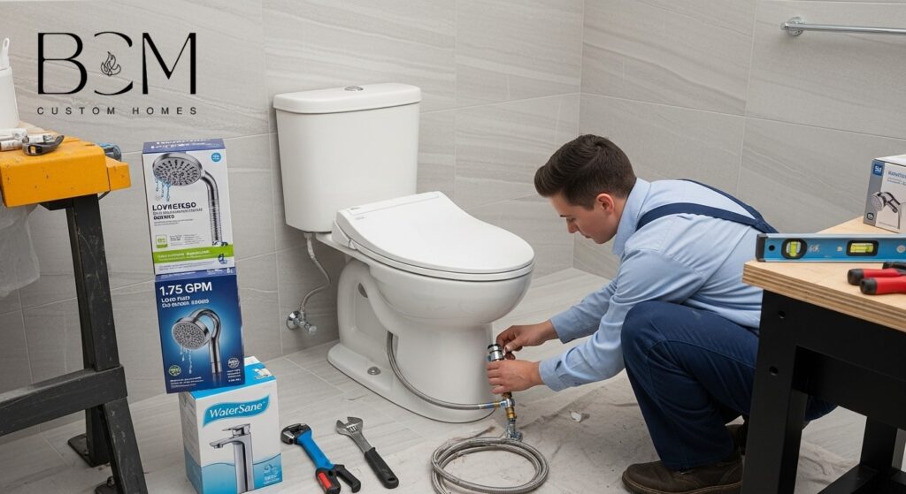 High-efficiency plumbing fixtures and water conservation features being installed in a custom home bathroom