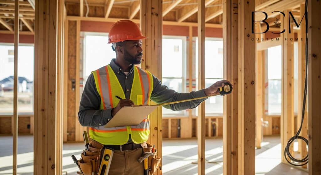 Professional custom home builder conducting detailed quality inspection