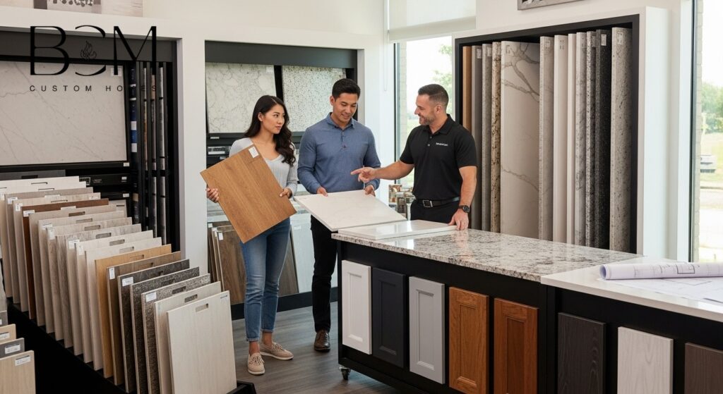 Homeowners examining high-quality building materials