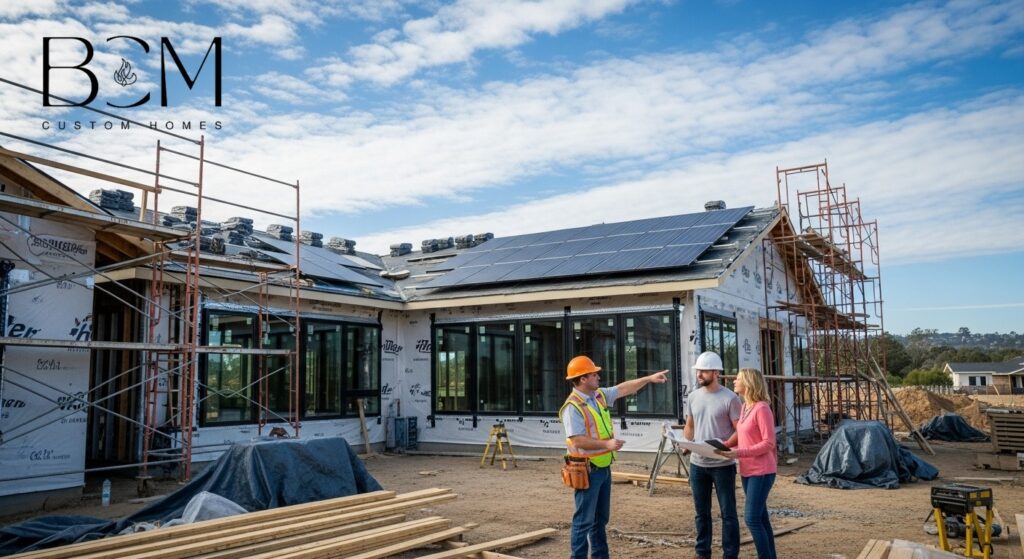 ustom home under construction showing solar-ready electrical infrastructure and roof design considerations