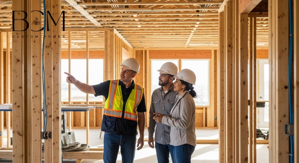 Custom home builder conducting detailed walkthrough with homeowners