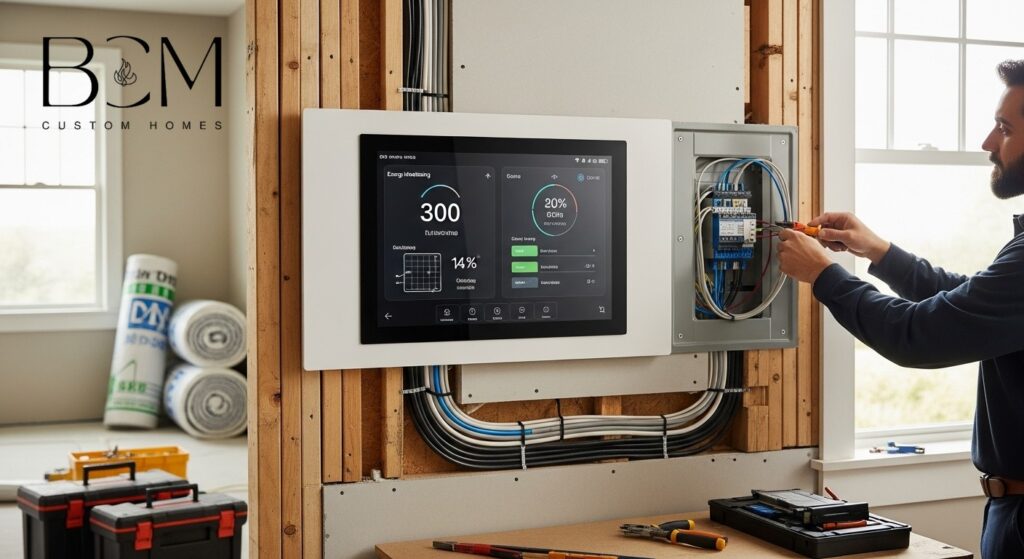 Modern smart home control panel and energy monitoring systems being installed in a custom home