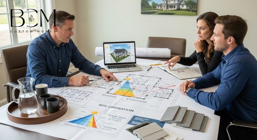 Custom home builder and homeowners reviewing energy-efficient design plans
